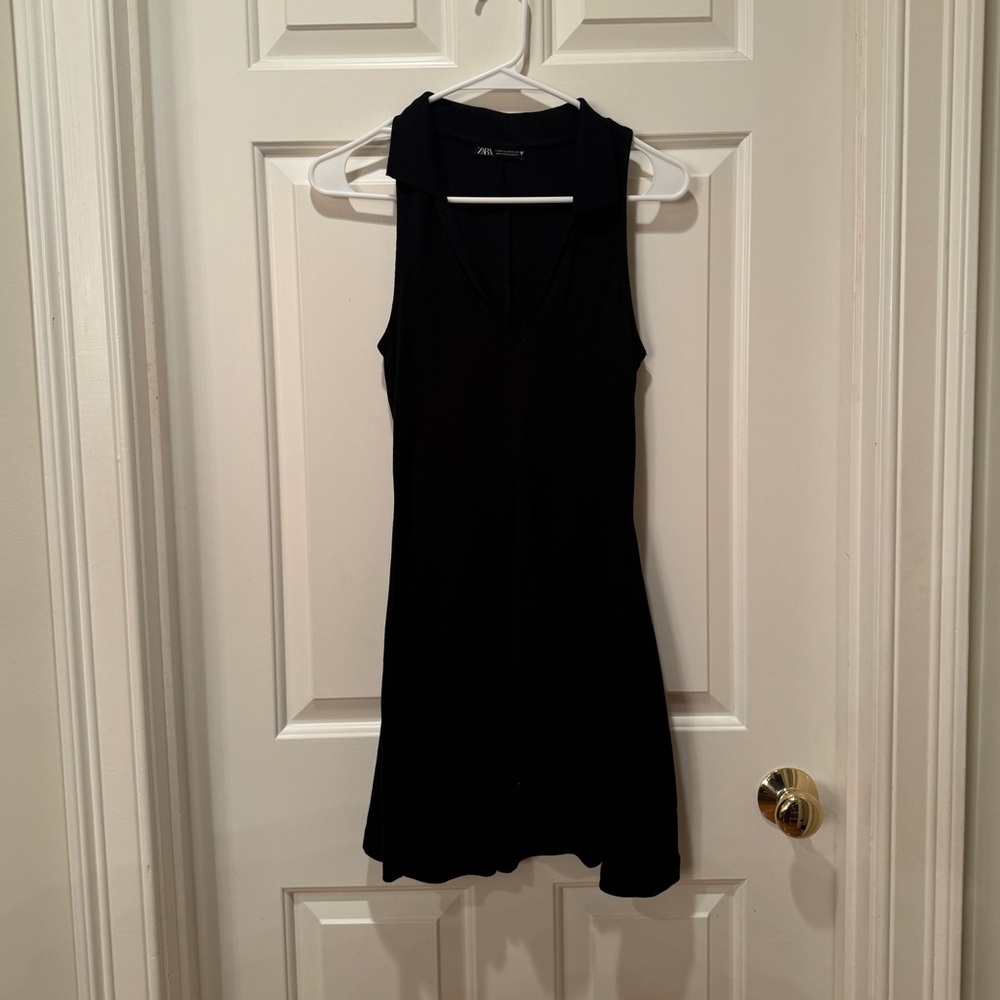 Zara Lapel Collared Ribbed Black Dress - Picture 3 of 7